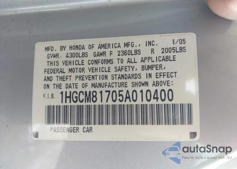 2005 Honda Accord 3.0 Ex z USA, uszkodzony, nr VIN 1HGCM81705A010400